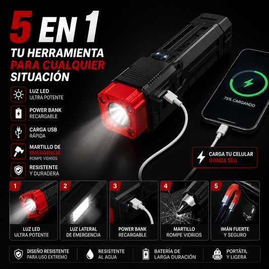 Linterna Martillo 5 en 1 + Power Bank | Emergencias Temporal